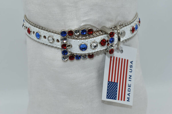 USA DOGS White Leather Dog Collar with Red, White and Blue Swarovski  Crystals and Silver Hardware